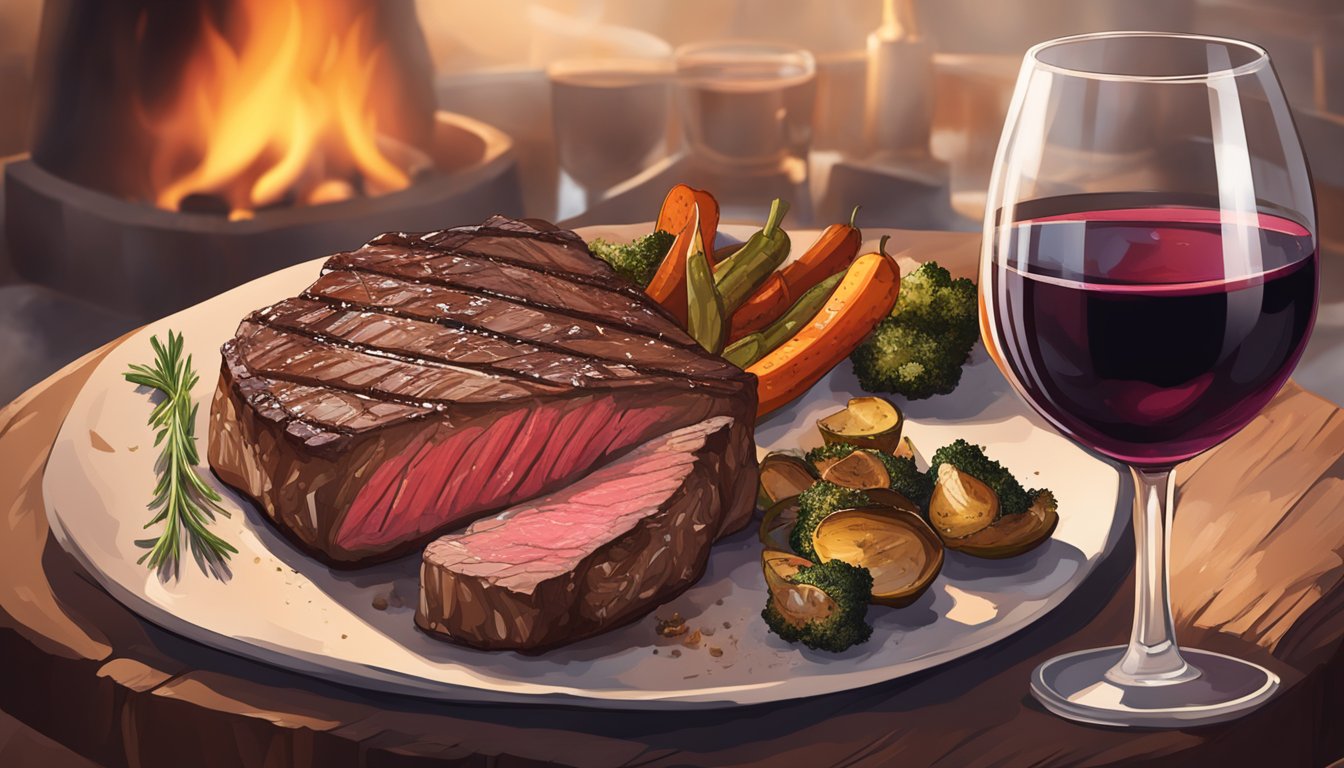 A sizzling dry-aged steak on a Texas grill, surrounded by smoky aroma and charred marks, with a side of roasted vegetables and a glass of red wine