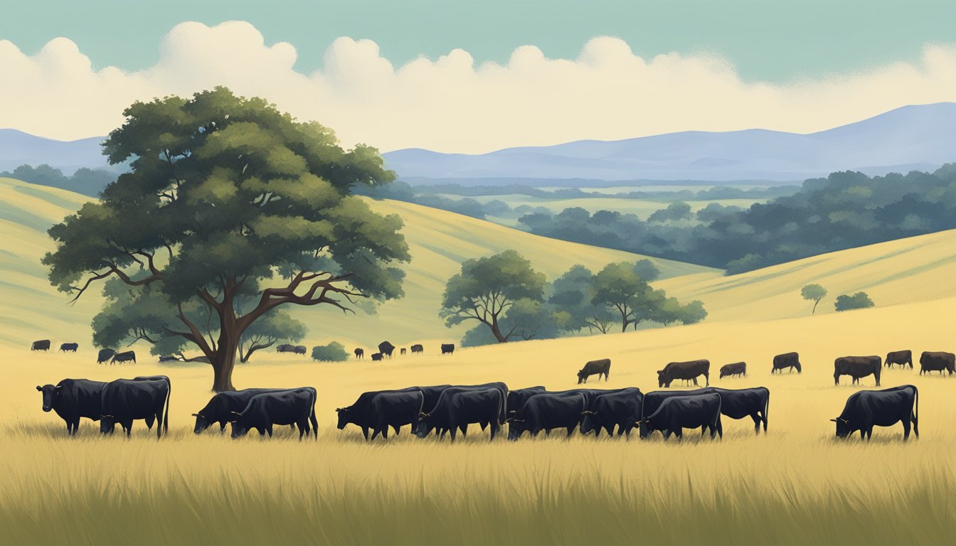 A herd of Texas Wagyu cattle grazing in a wide open pasture, with rolling hills in the background and a lone oak tree standing tall in the distance