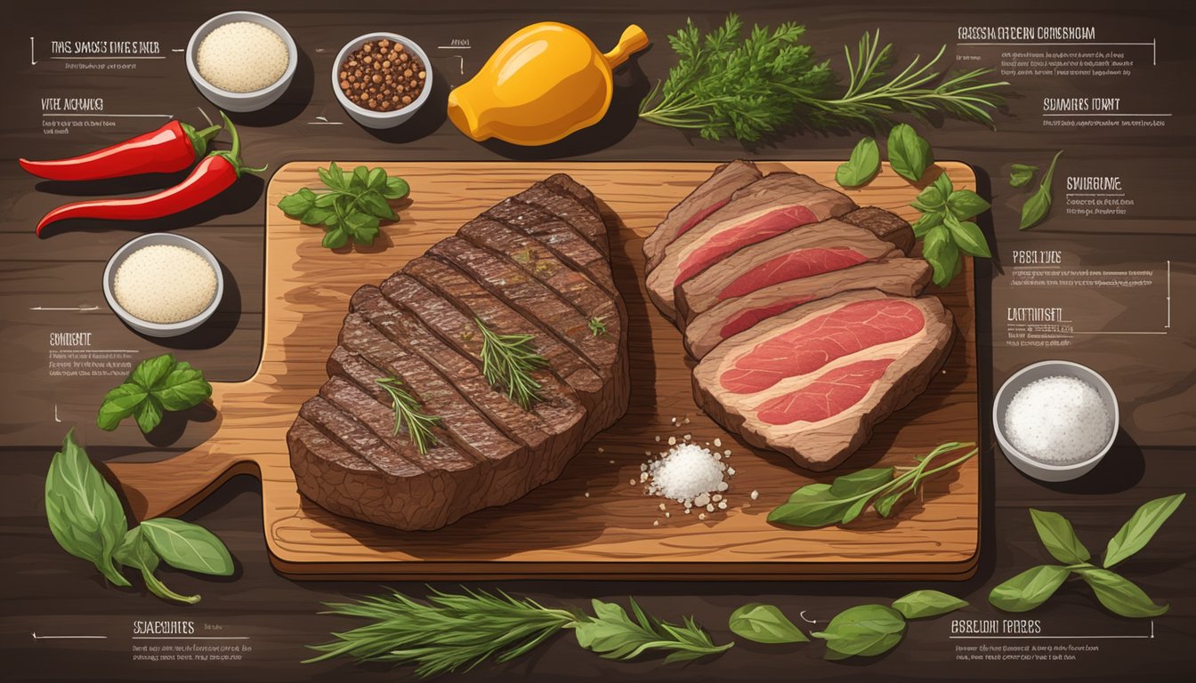 A sizzling steak on a rustic wooden cutting board, surrounded by various herbs and seasonings. A chart comparing the pros and cons of dry aging displayed in the background