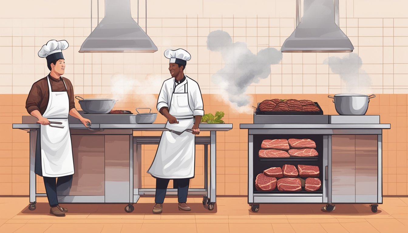 A chef grills two types of wagyu beef side by side, showcasing the differences in marbling and texture. The sizzle of the meat fills the air