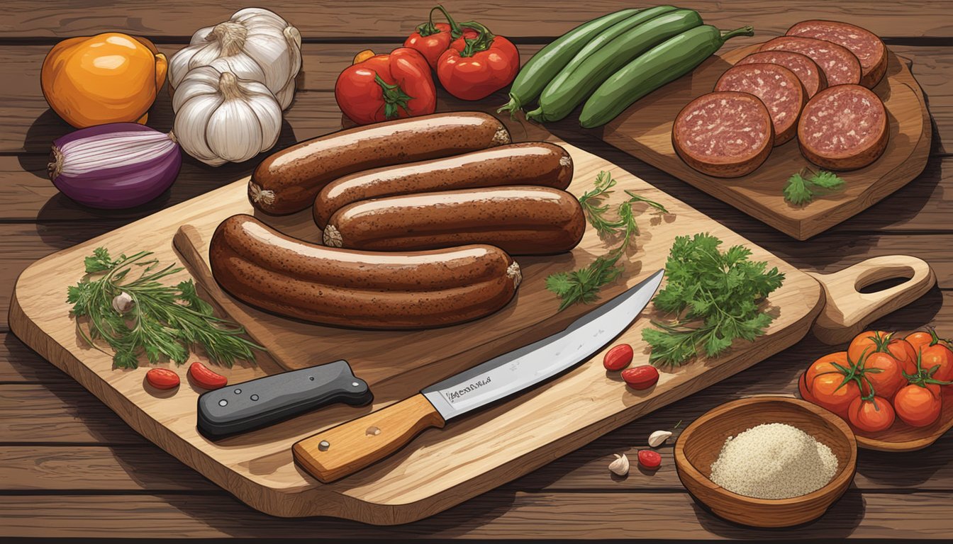 A rustic kitchen counter displays a platter of Texas German sausage surrounded by ingredients like garlic, paprika, and black pepper. A chef's knife and cutting board are ready for preparation