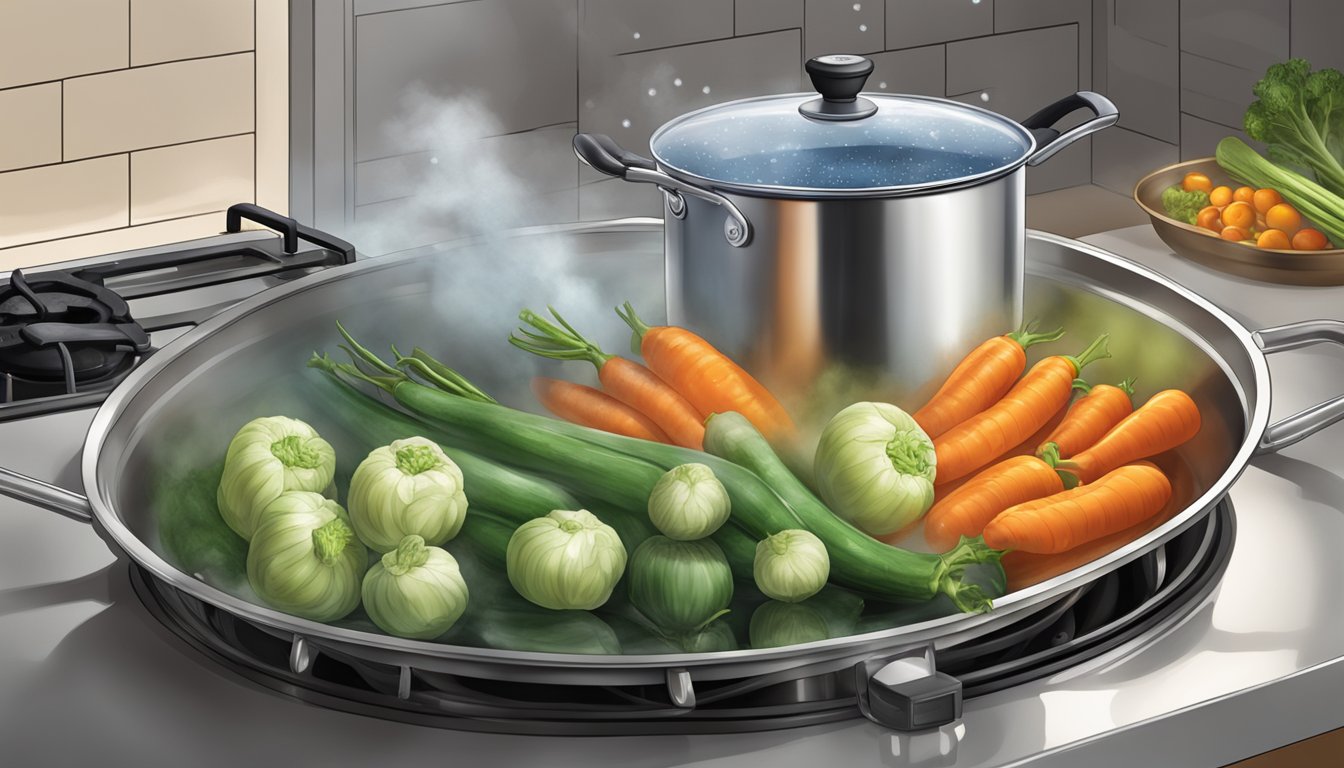 Fresh vegetables being submerged in boiling water in a Texas kitchen. A pot of water on a stove, with steam rising and a timer nearby