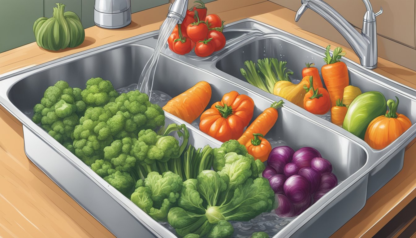 Fresh vegetables being washed and trimmed, then placed in boiling water in a Texas kitchen