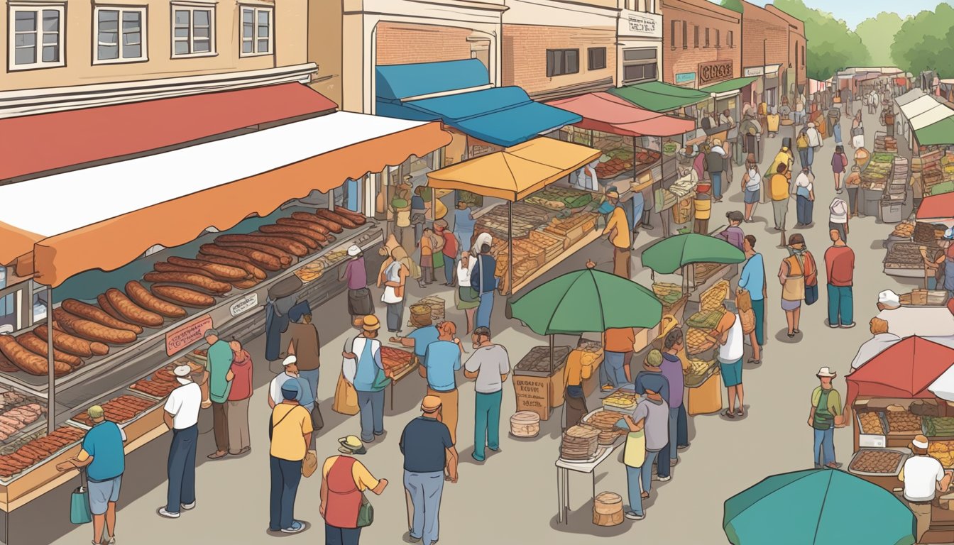 A bustling outdoor Texas market with vendors selling a variety of freshly grilled Texas German sausages. Customers line up eagerly to sample and purchase the popular local delicacy