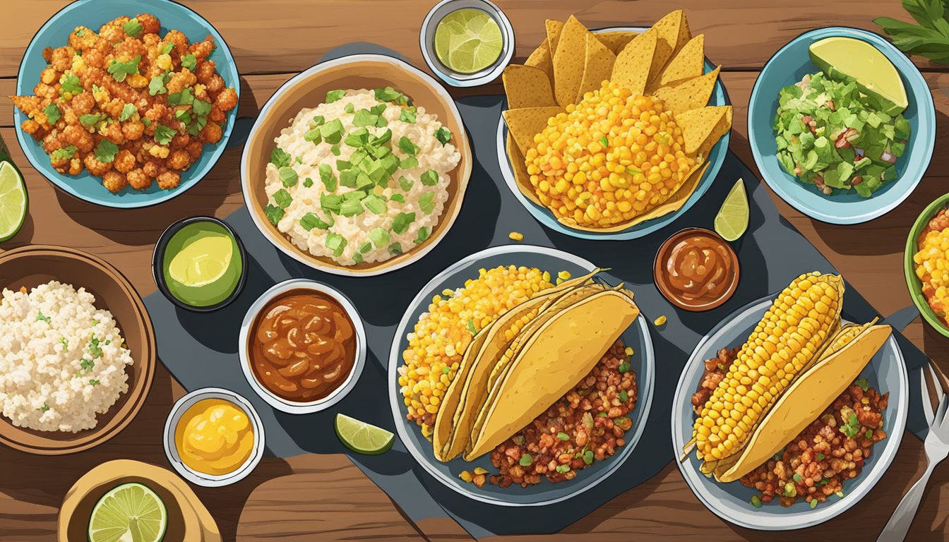 A colorful spread of elotes, tacos, and various side dishes arranged on a table in a Texas setting