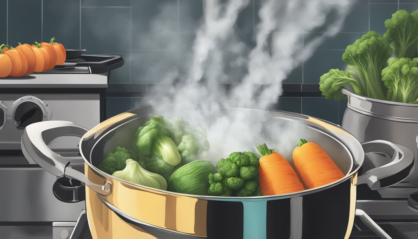 Fresh vegetables being submerged into a pot of boiling water, steam rising as they are blanched to perfection in a Texas kitchen