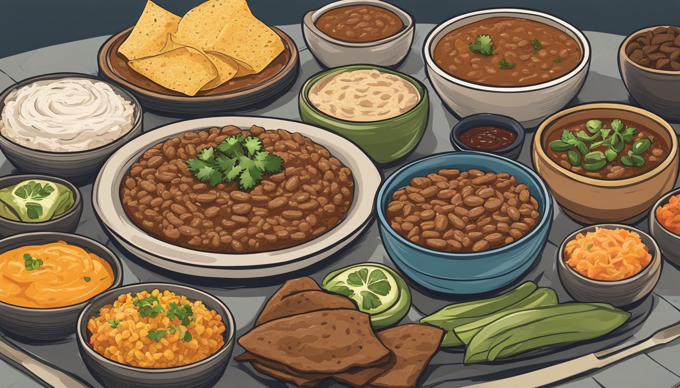 A plate of refried beans surrounded by 10 classic Tex-Mex side dishes, ready to be paired with tacos in Texas