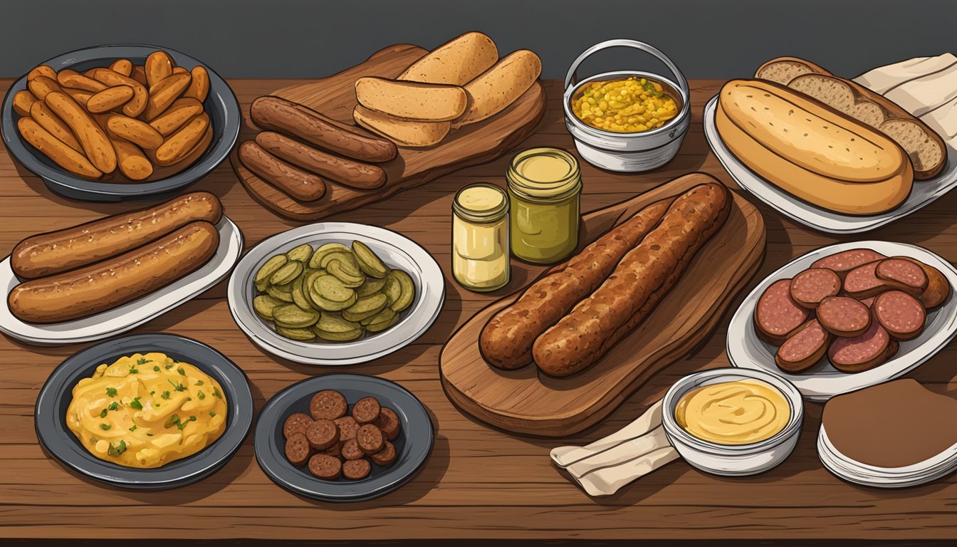 A rustic wooden table displays a variety of Texas German sausages alongside a spread of traditional accompaniments such as mustard, pickles, and freshly baked bread