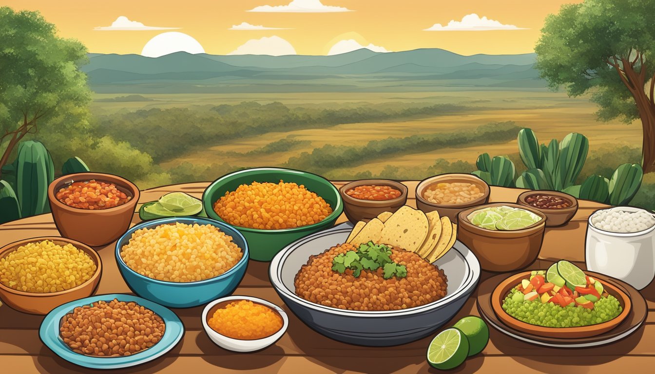 A colorful spread of Mexican rice and 10 side dishes arranged around a plate of tacos, set against a backdrop of a Texas landscape