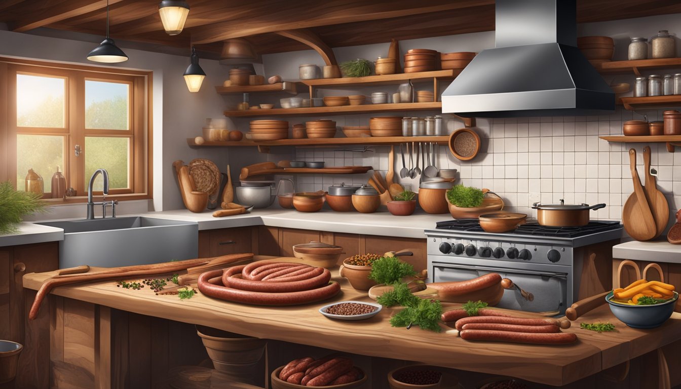 A rustic kitchen with traditional sausage making equipment, surrounded by Texas German sausage ingredients and spices