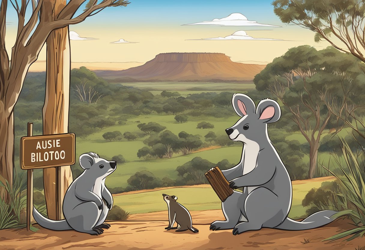 Australians refer to beef jerky as "biltong." A kangaroo and a koala stand beside a sign reading "Aussie Biltong" in front of a bushy outback landscape