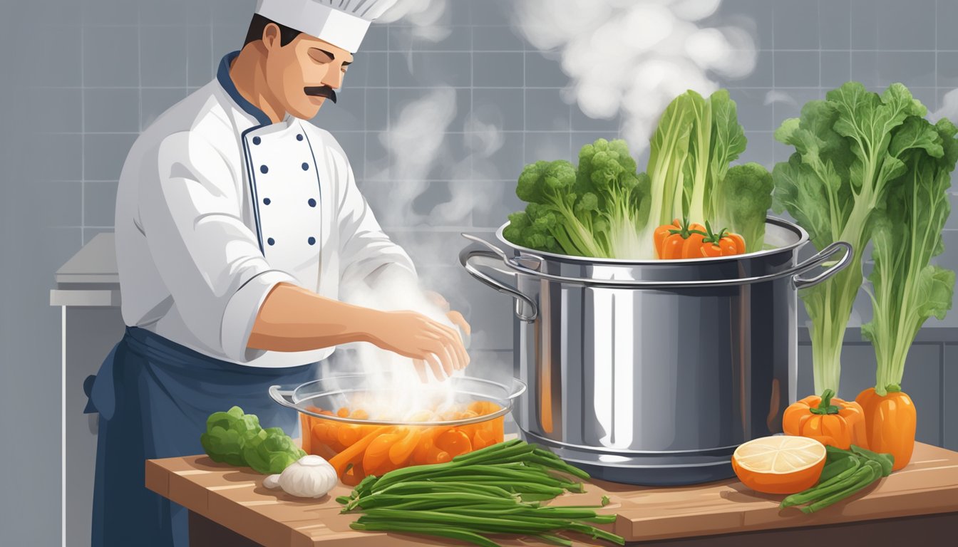 Freshly picked vegetables immersed in boiling water in a large pot, steam rising, as a chef carefully monitors the blanching process