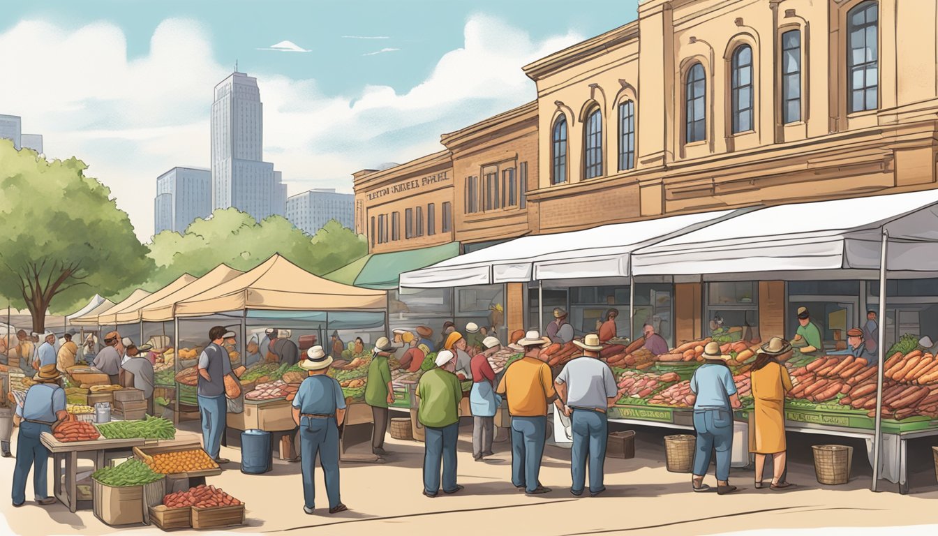 A bustling Texas farmer's market with vendors selling sizzling, savory German sausages. Crowds gather to sample and purchase the popular local delicacy