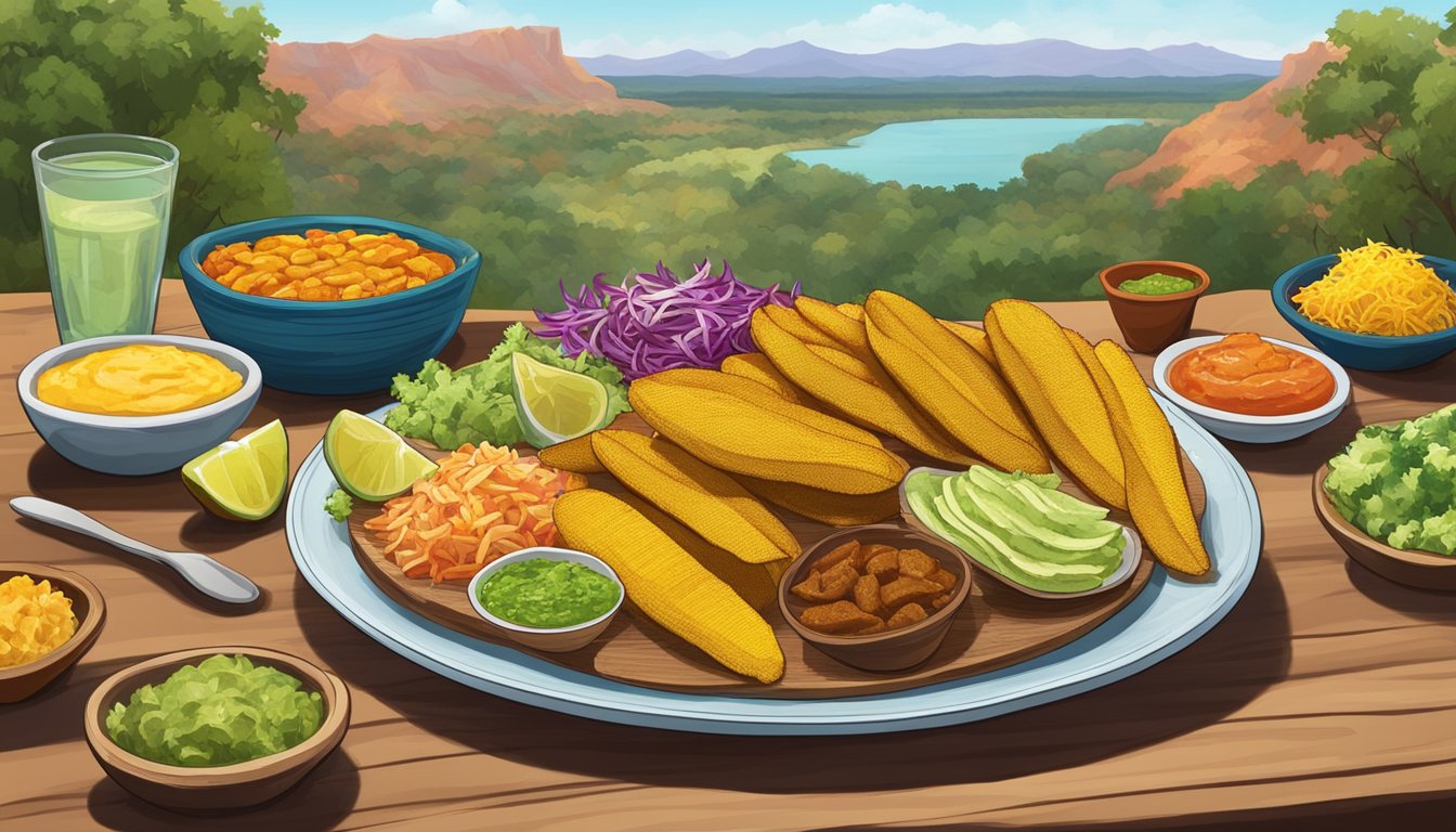 A plate of golden fried plantains surrounded by 10 colorful side dishes, with a backdrop of a Texas landscape and a taco in the center