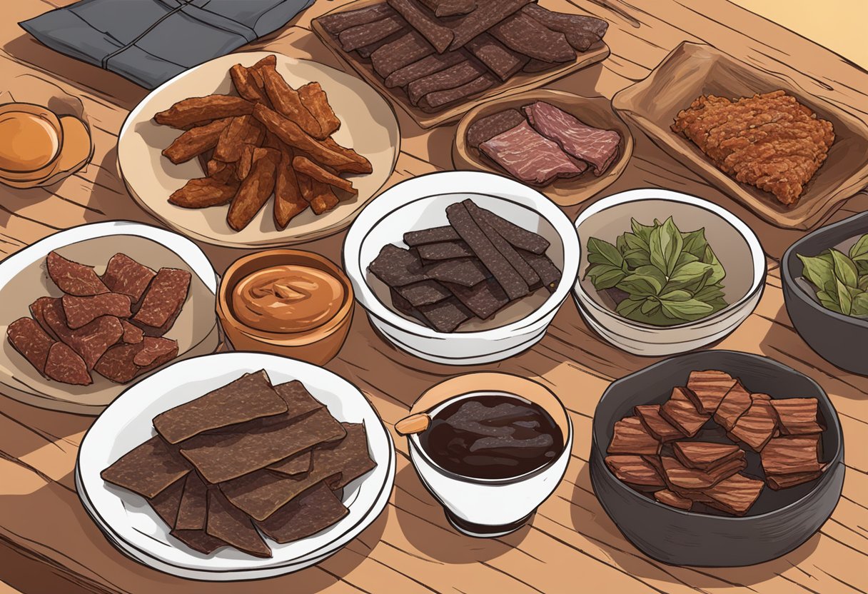 Australians sampling different types of jerky, with various flavors and textures displayed on a table