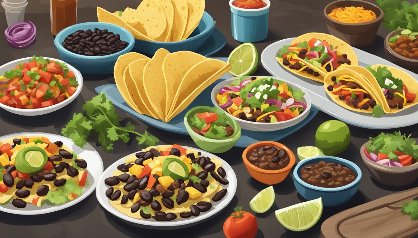 A colorful array of 10 side dishes surrounds a plate of tacos in a Texan setting. The focus is on a vibrant black bean salad, with other dishes in the background