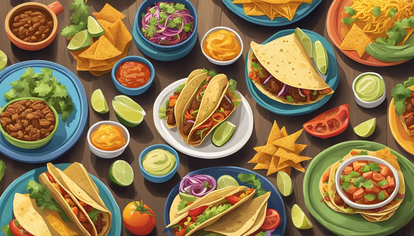 A colorful spread of 10 vibrant side dishes arranged around a plate of tacos, showcasing a variety of flavors and textures, set against a backdrop of a Texas landscape