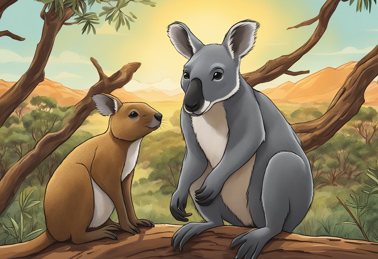 Australians call beef jerky "biltong." A kangaroo and koala share a piece in the outback