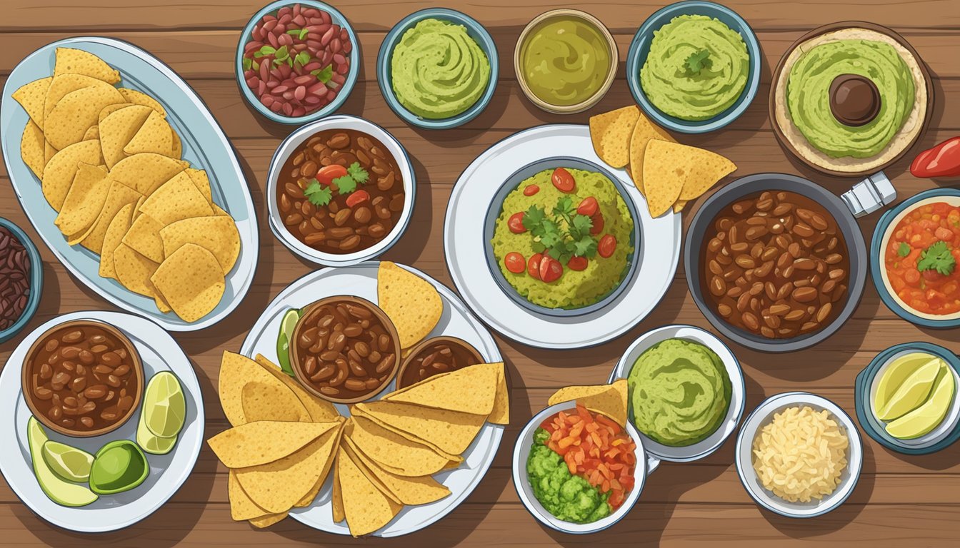 A table spread with 10 side dishes, including rice, beans, guacamole, and salsa, all arranged next to a plate of tacos in a Texas setting