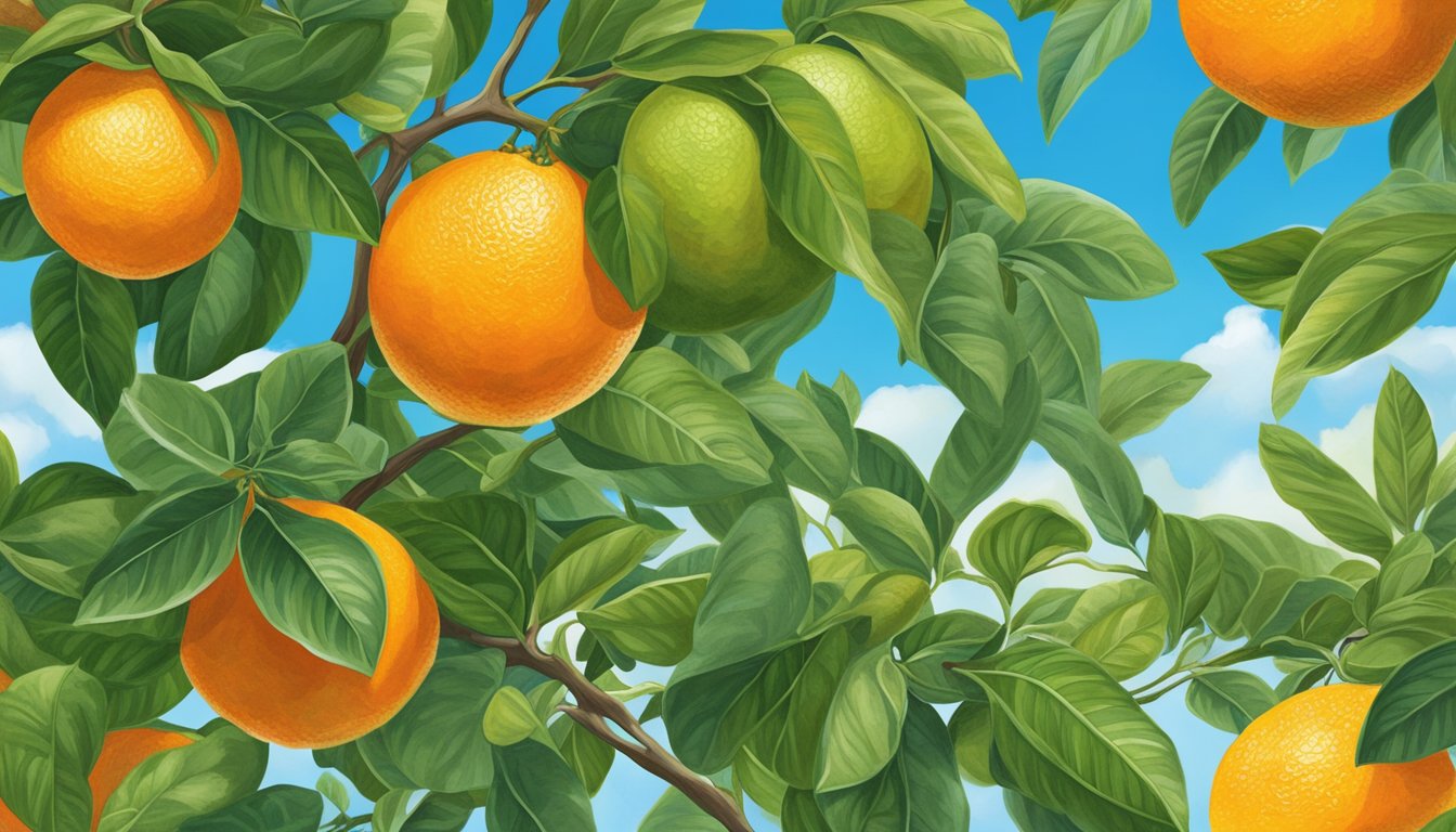 A lush Texas citrus orchard with ripe navel oranges hanging from the branches, surrounded by vibrant green leaves and a clear blue sky overhead