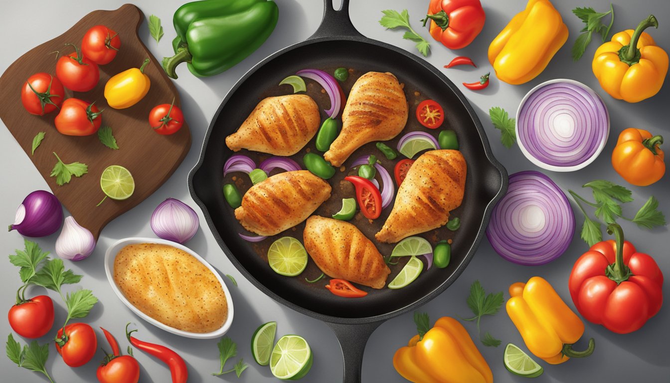 A sizzling skillet with three chicken breasts cooking in Tex-Mex spices, surrounded by colorful peppers, onions, and tomatoes