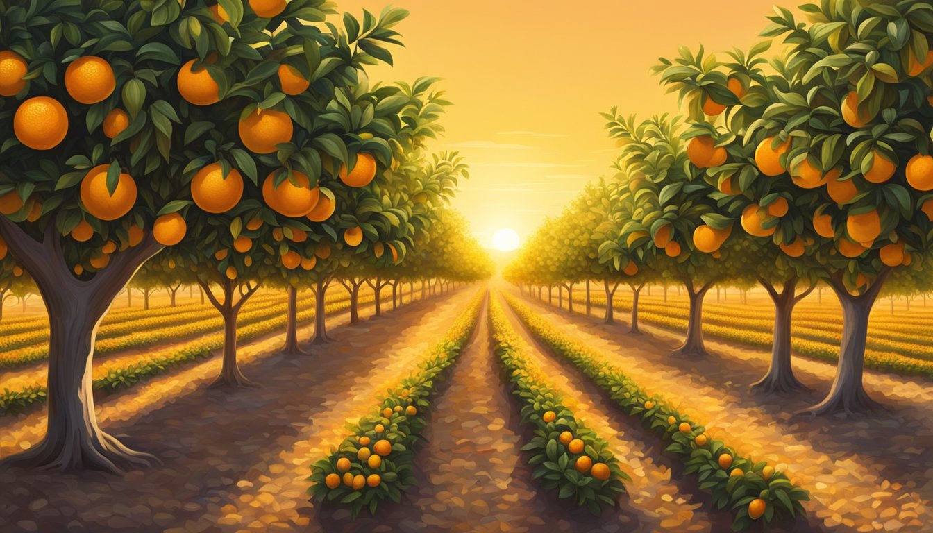 A lush Texas orchard with rows of navel orange trees heavy with ripe fruit. The warm sun casts a golden glow on the vibrant oranges