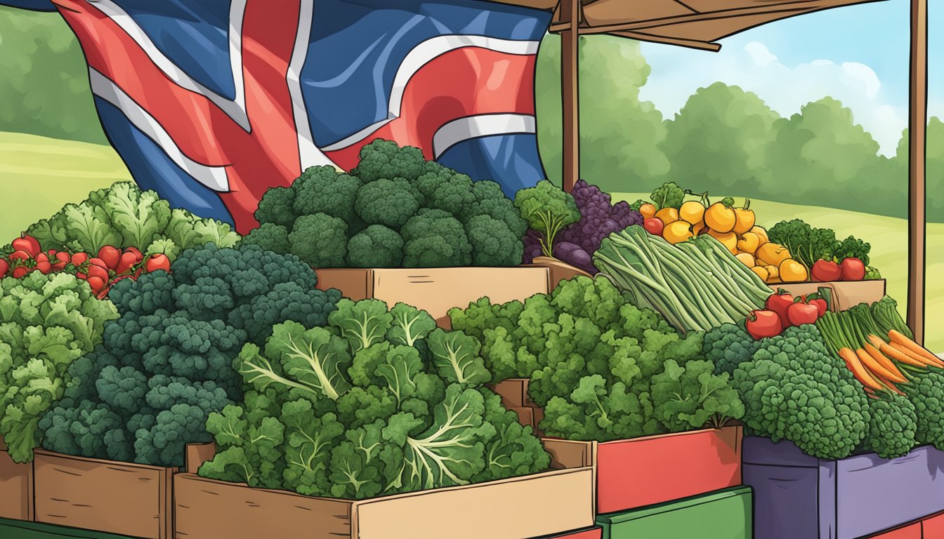 A colorful farmers market stall showcasing various kale varieties with a Texas flag in the background