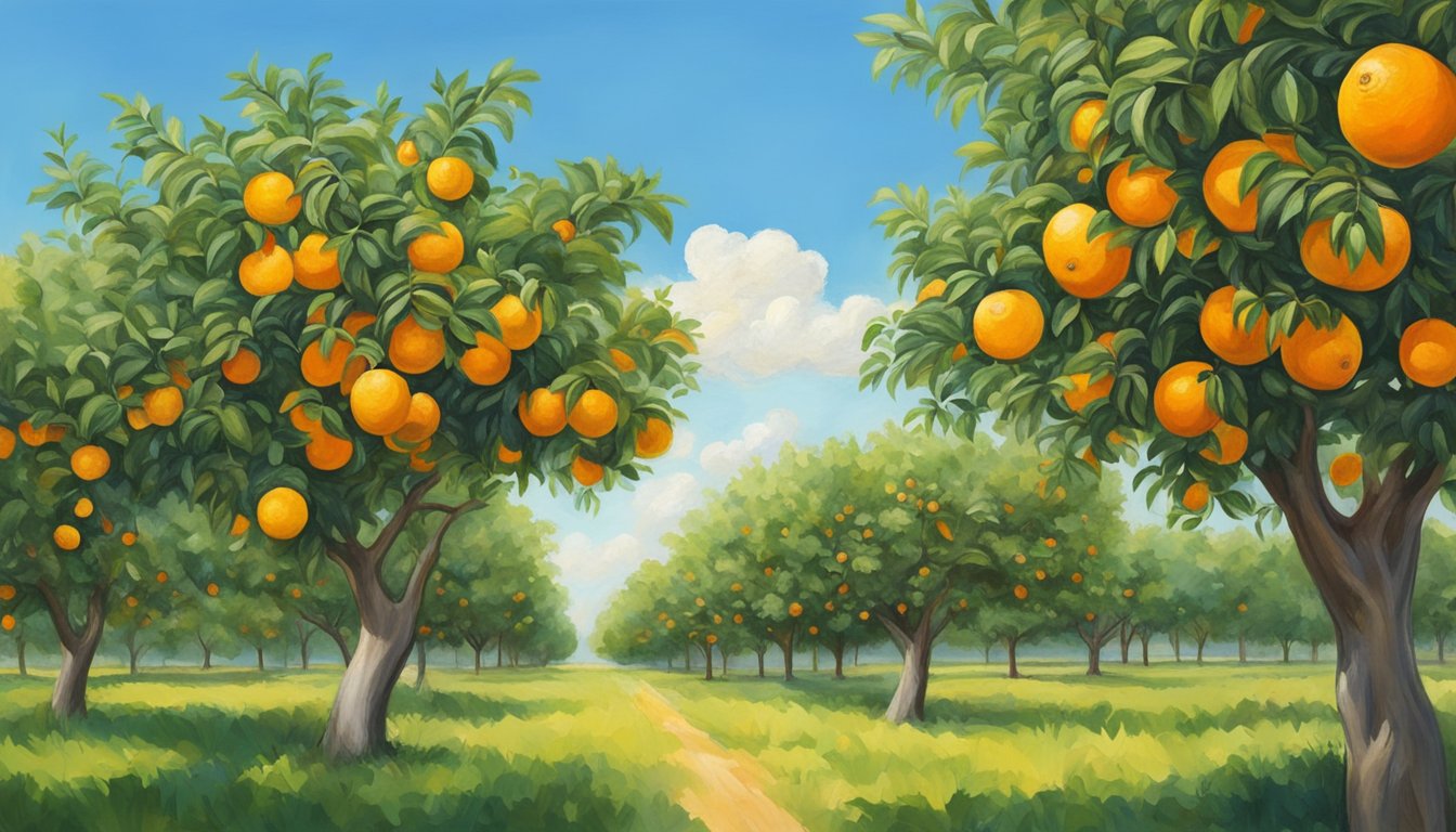 A lush Texas orchard with ripe navel oranges hanging from the trees, surrounded by vibrant green foliage and a clear blue sky above