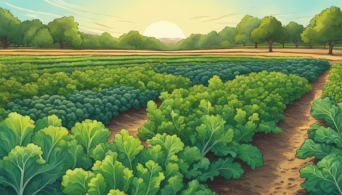 A lush field of diverse kale varieties under the Texas sun, showcasing the vibrant colors and textures of the leafy greens