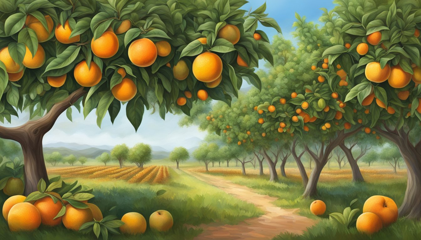 A lush Texas orchard with ripe navel oranges hanging from the branches, surrounded by other seasonal fruits like peaches and plums