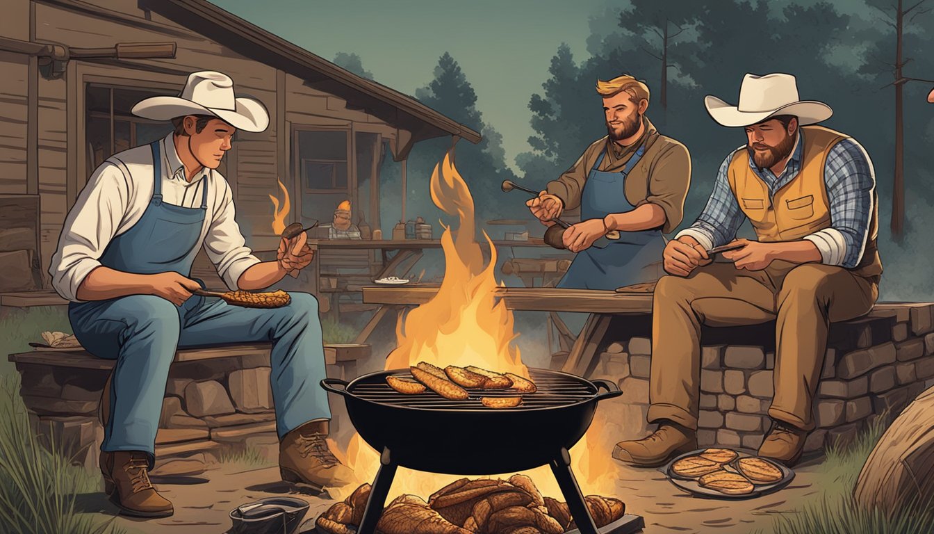 A cowboy grills chicken over a campfire, a chef fries it in a cast iron skillet, and a Texan smokes it in a traditional barbecue pit