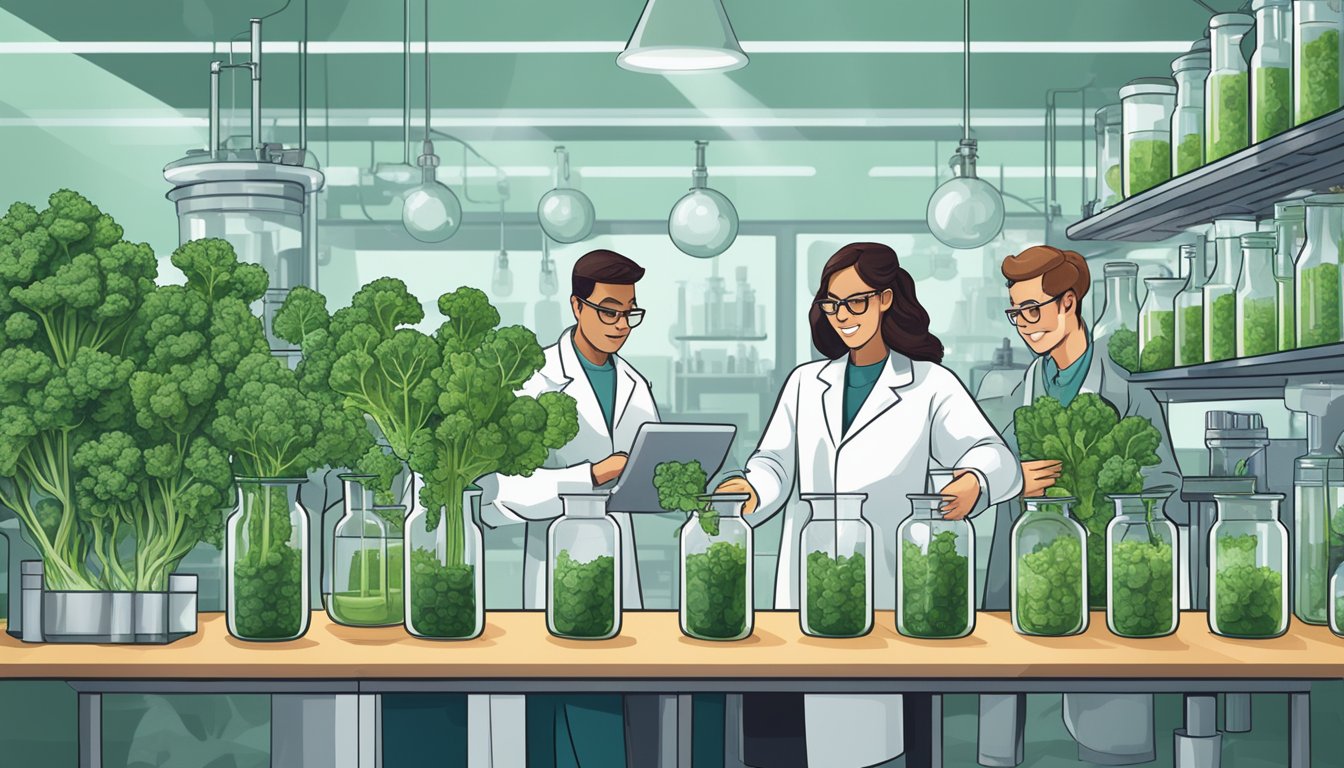 A group of scientists in a lab in Texas, surrounded by beakers and test tubes, studying kale and its health benefits