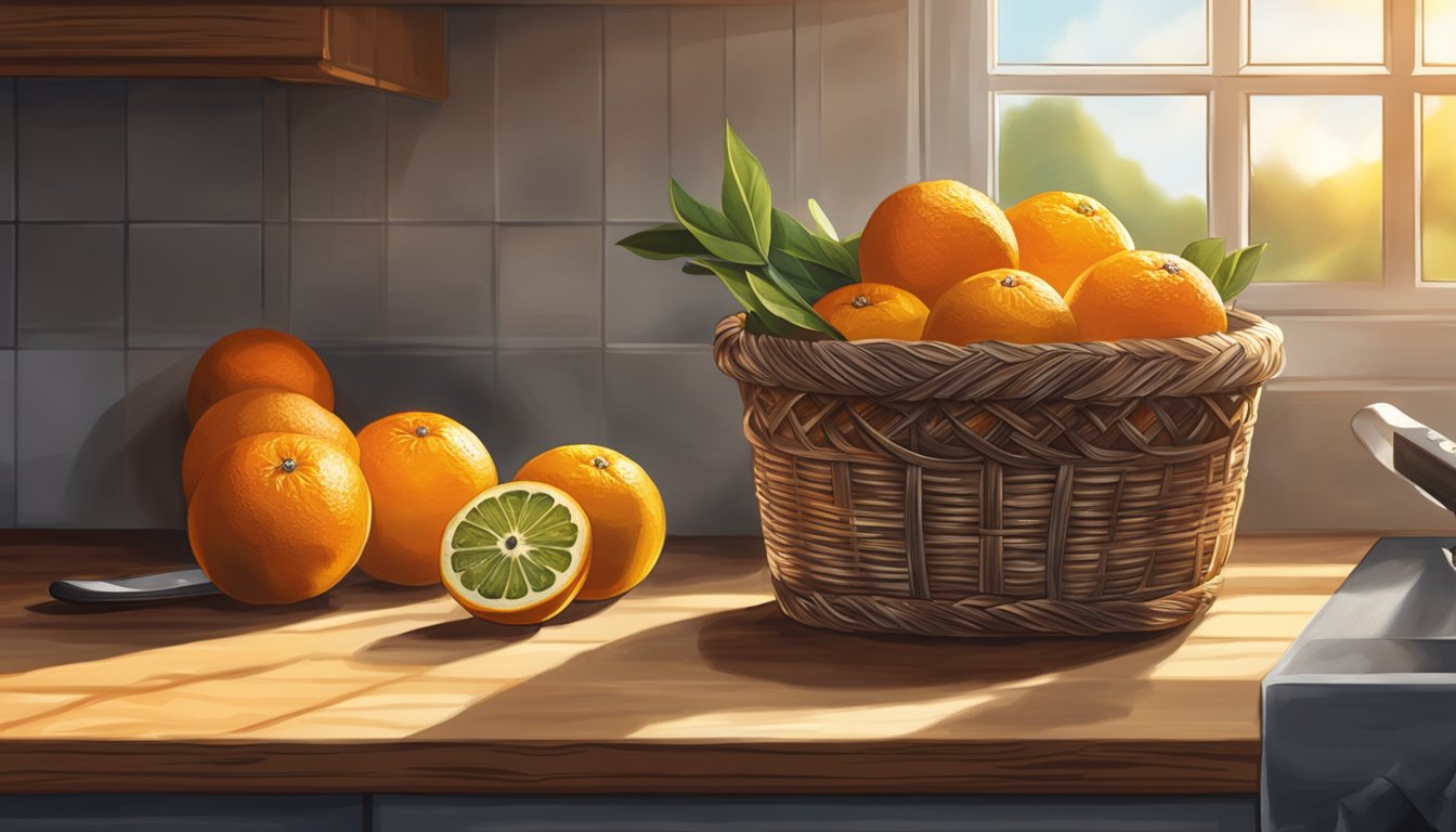 A rustic kitchen counter with a basket of ripe Texas navel oranges, a cutting board, and a chef's knife. Sunlight streams in through a nearby window