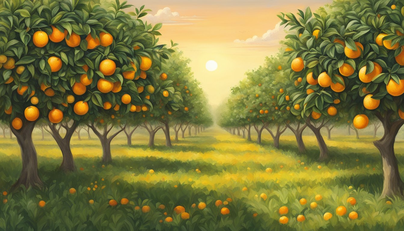 A lush Texas orchard with ripe navel oranges hanging from the branches, surrounded by other citrus varietals in season