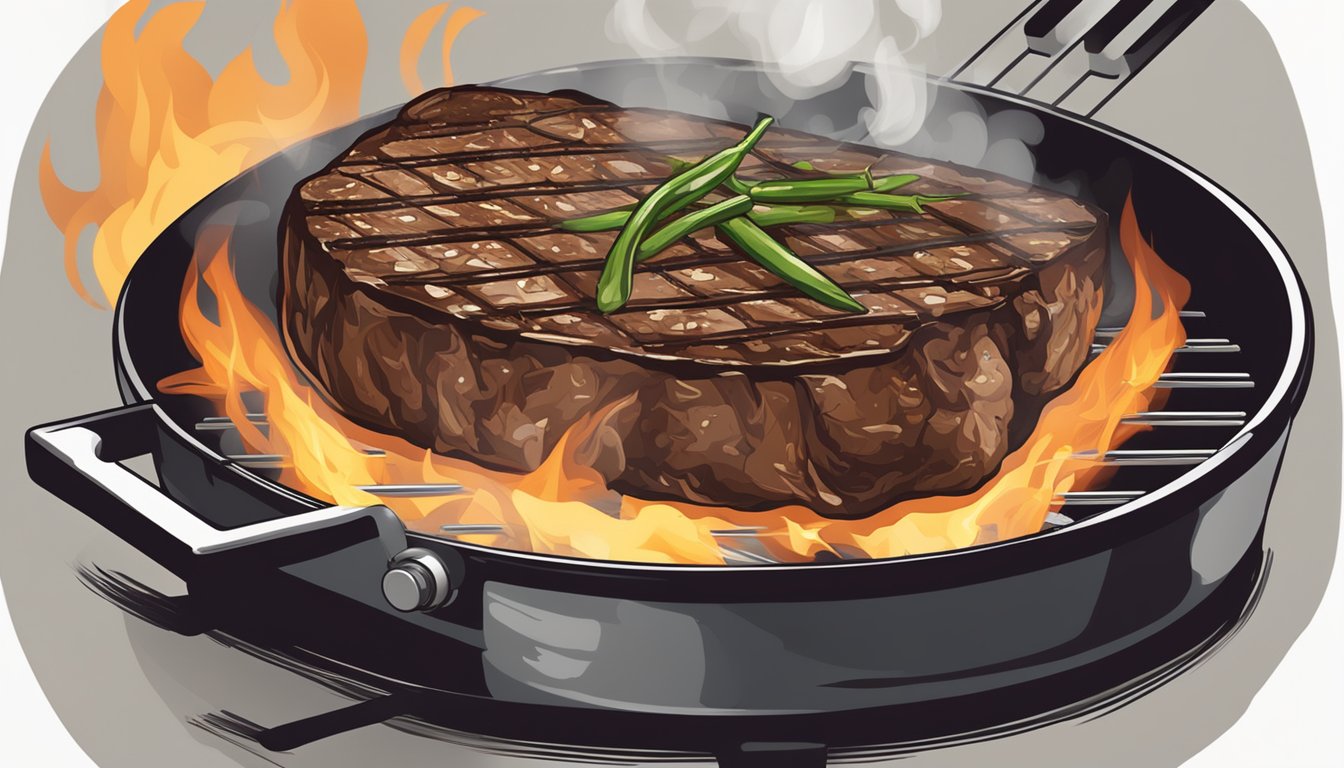 A sizzling steak on a hot grill, seasoned to perfection with a crusty sear. Smoke rises in the Texas air as the expert chef prepares a delicious meal