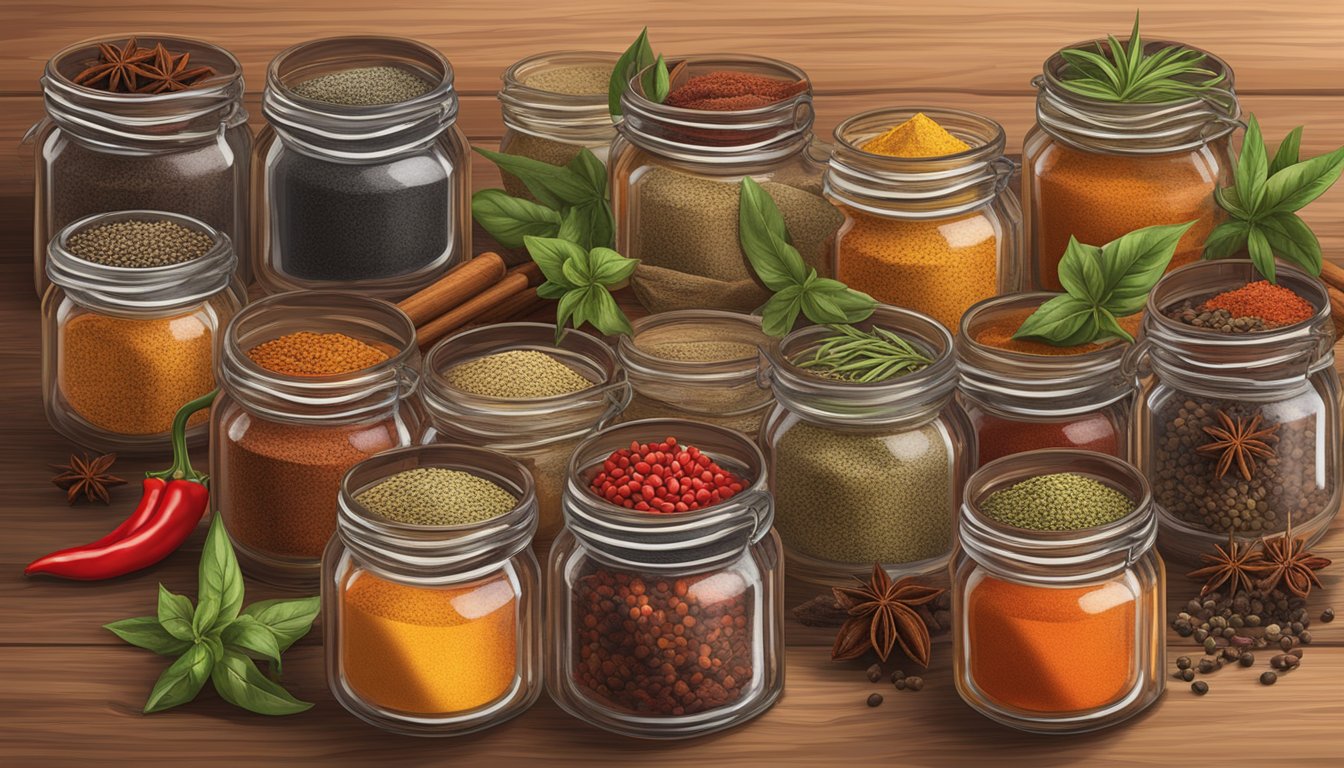 A rustic wooden table displays 7 jars of vibrant spice blends, surrounded by fresh chili peppers, cumin seeds, and dried herbs