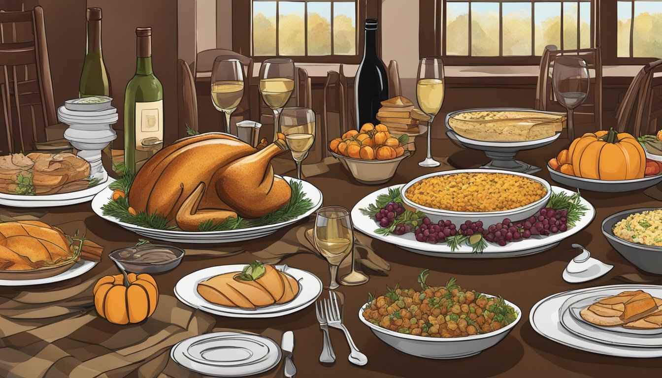 A festive Thanksgiving table in Texas, adorned with a spread of traditional dishes and a selection of wine bottles, ready for pairing