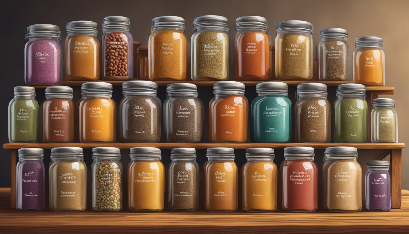 A colorful array of spice jars, each labeled with a different global flavor, arranged on a rustic wooden table in a Texas kitchen