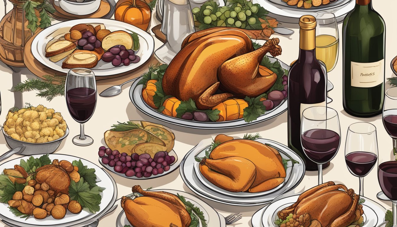 A table set with various wine bottles, a roasted turkey, and traditional Thanksgiving side dishes in a Texas setting