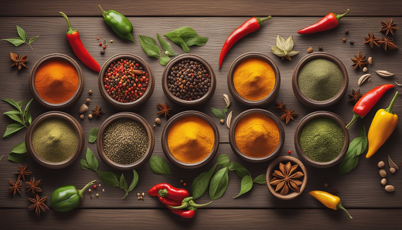 A collection of 7 vibrant spice blends arranged on a rustic wooden table, surrounded by fresh herbs and colorful peppers