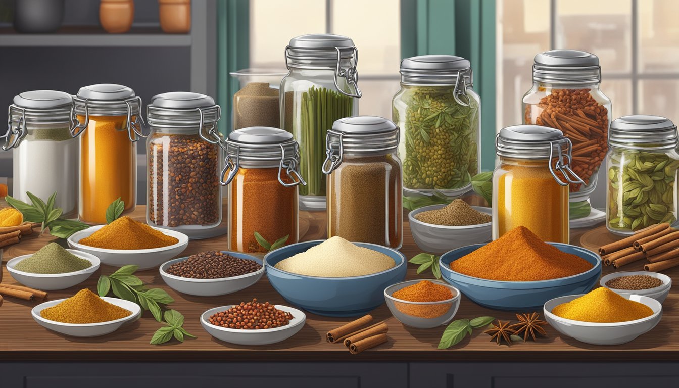 A table set with various spice jars, surrounded by plates of food and glasses of beverages, creating a colorful and inviting display for pairing spices with food and drinks