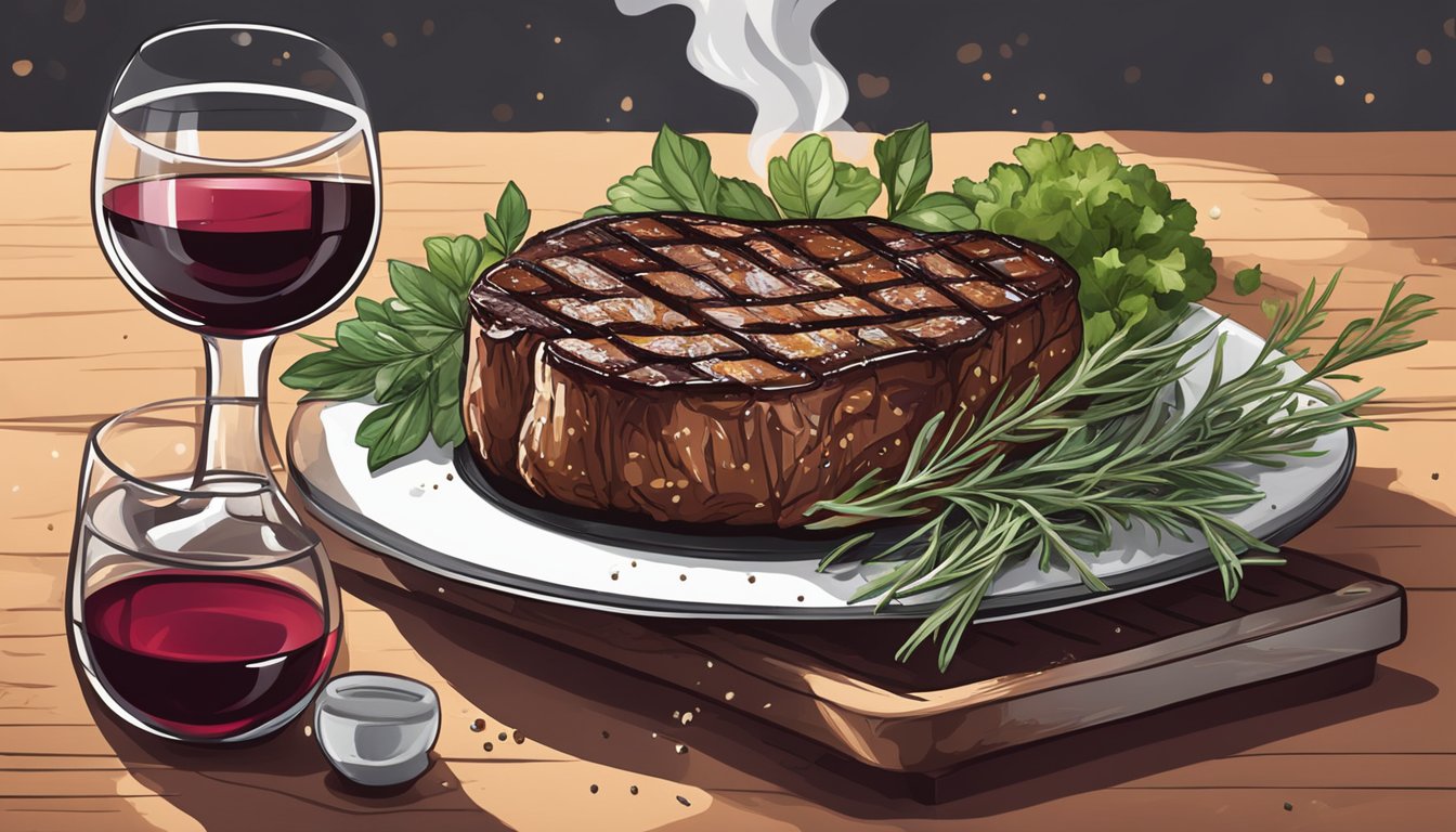 A sizzling steak on a hot grill with a smoky char, surrounded by fresh herbs and seasonings, alongside a glass of red wine