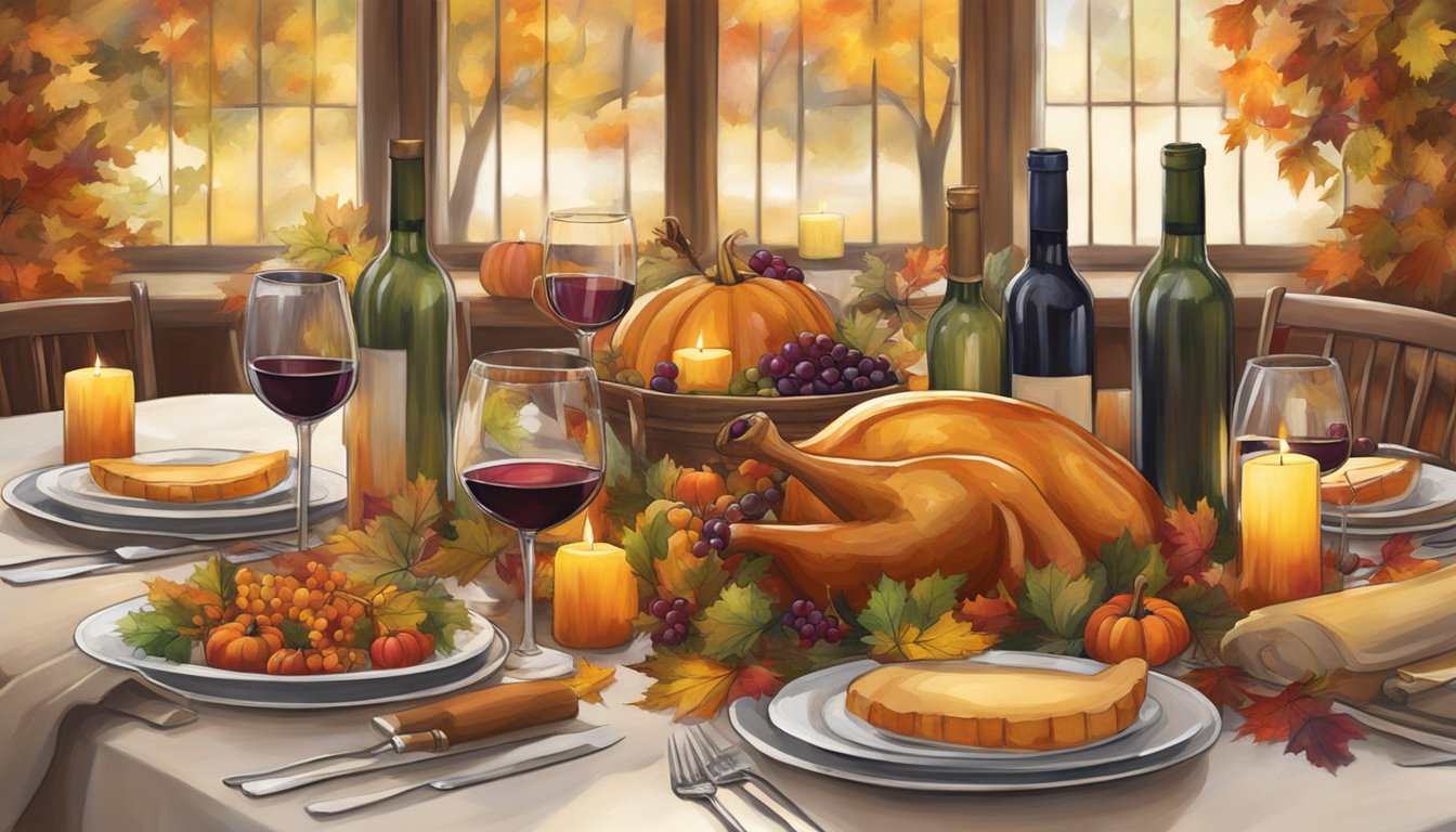 A rustic Thanksgiving table in Texas, adorned with an array of colorful wine bottles and glasses, surrounded by autumn foliage and warm candlelight