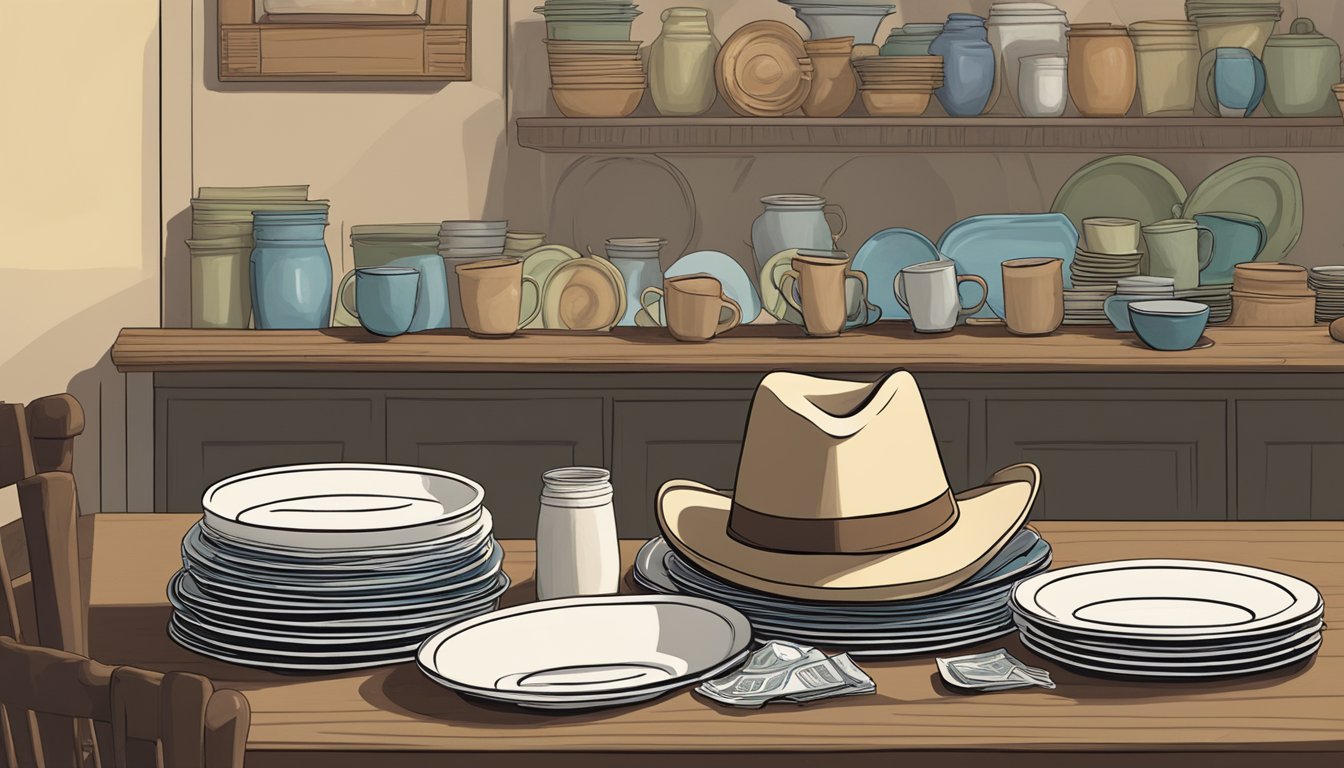 A lone cowboy hat sits atop a table, surrounded by empty plates and wrappers. A sign on the wall reads "Understanding Food Cravings and Addictions."