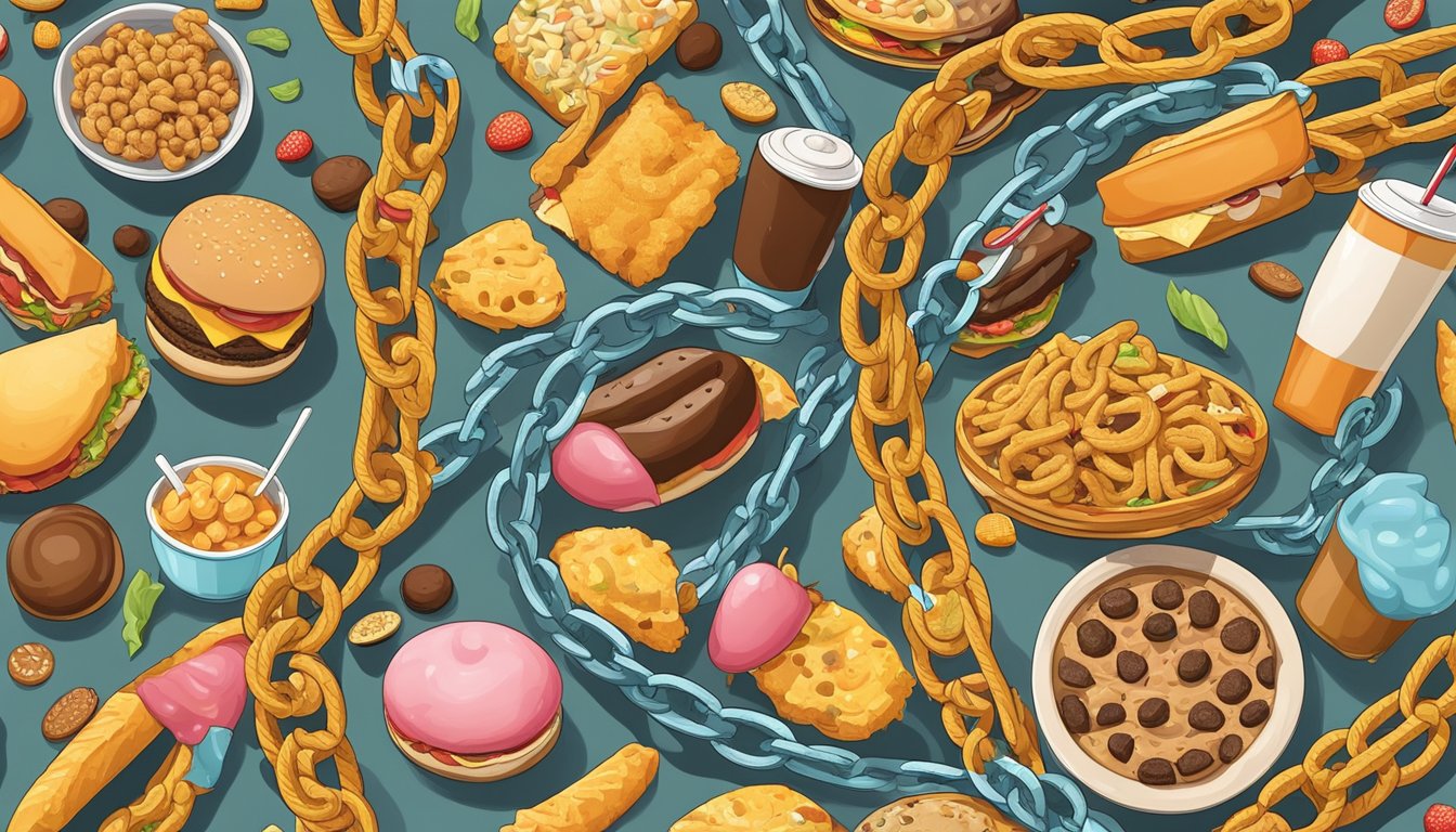 A person surrounded by unhealthy food, with cravings depicted as chains or ropes pulling them towards the food