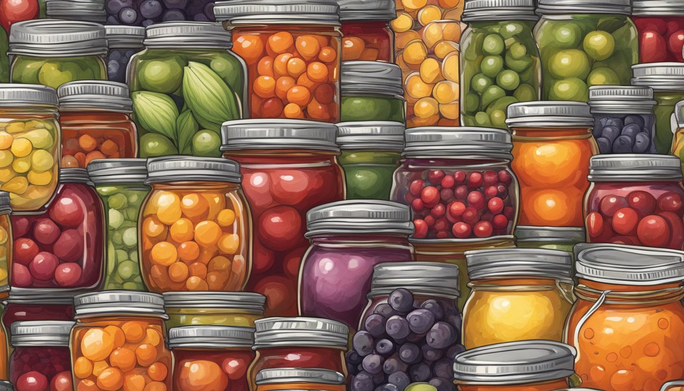 A colorful array of fruits and vegetables, including apples, oranges, and carrots, are being transformed into jars of homemade jam in a bustling Texas kitchen