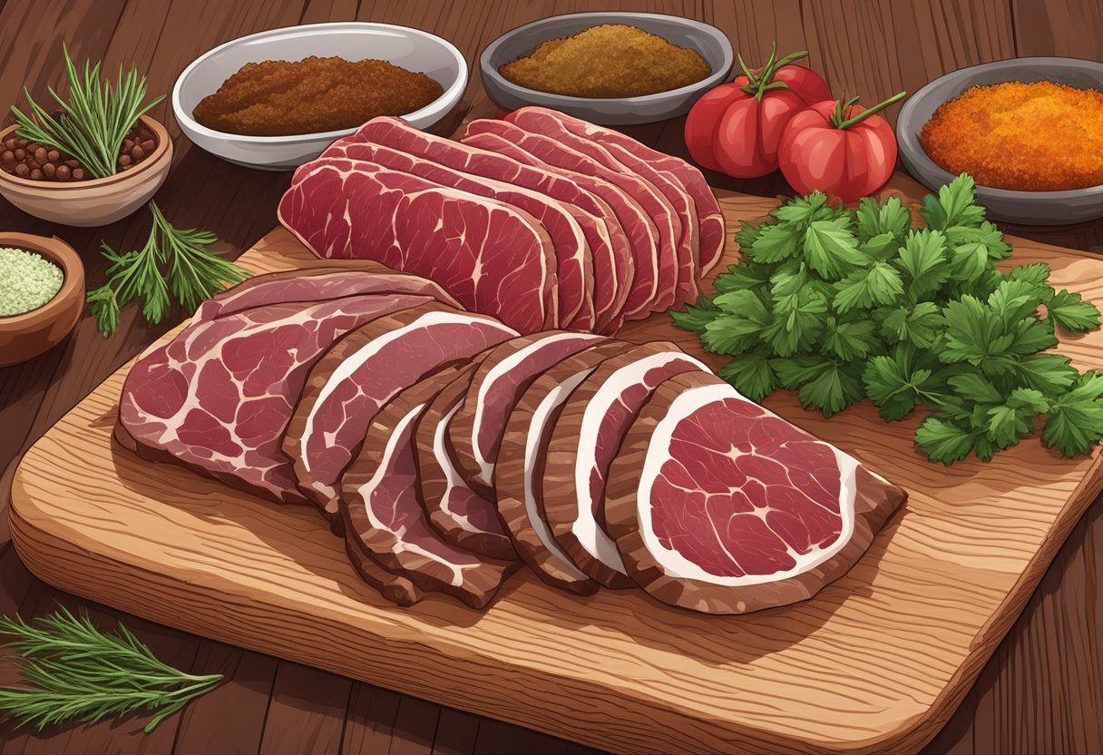 A variety of jerky types (beef, turkey, etc.) displayed on a wooden cutting board with fresh herbs and spices scattered around