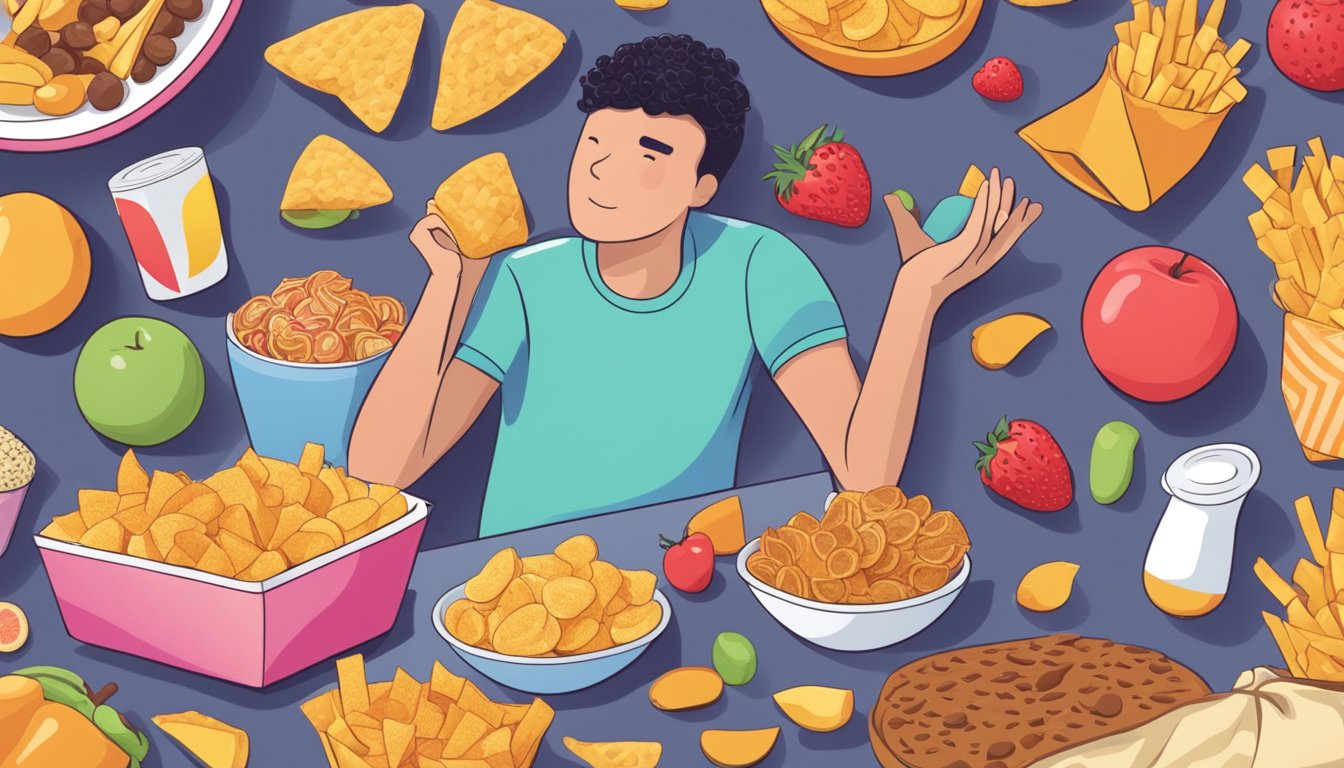 A person surrounded by unhealthy food items, reaching for a bag of chips while ignoring a bowl of fruit