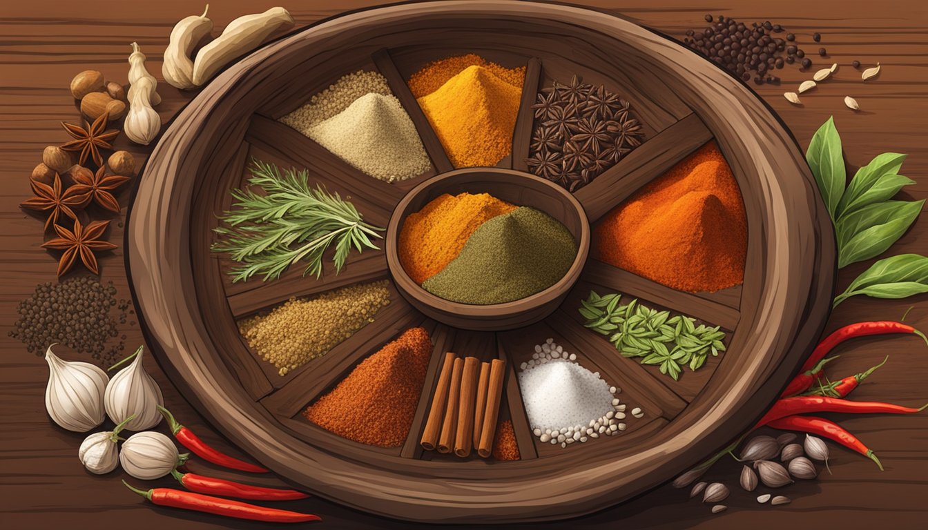 A colorful array of spices and herbs, including cumin, chili powder, paprika, and garlic, arranged in a rustic ceramic bowl