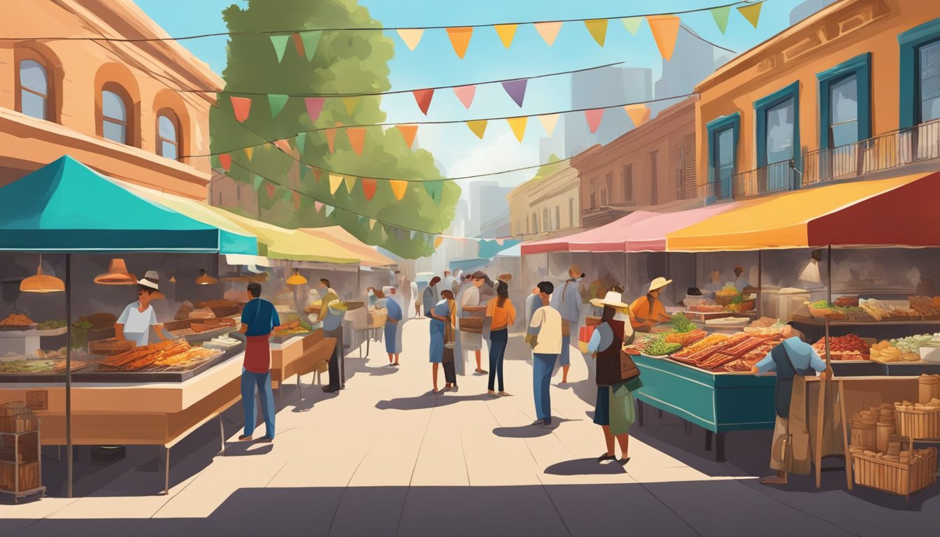 A bustling Texan street market with vendors selling a variety of traditional and modern food items. The aroma of barbecue, Tex-Mex, and fusion cuisine fills the air